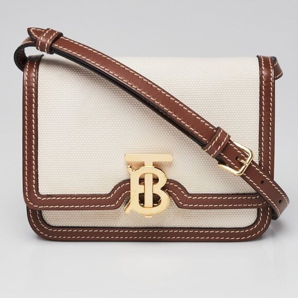 Burberry Brown/White Leather/Canvas Mini TB Shoulder Bag - Picture 2 of 10